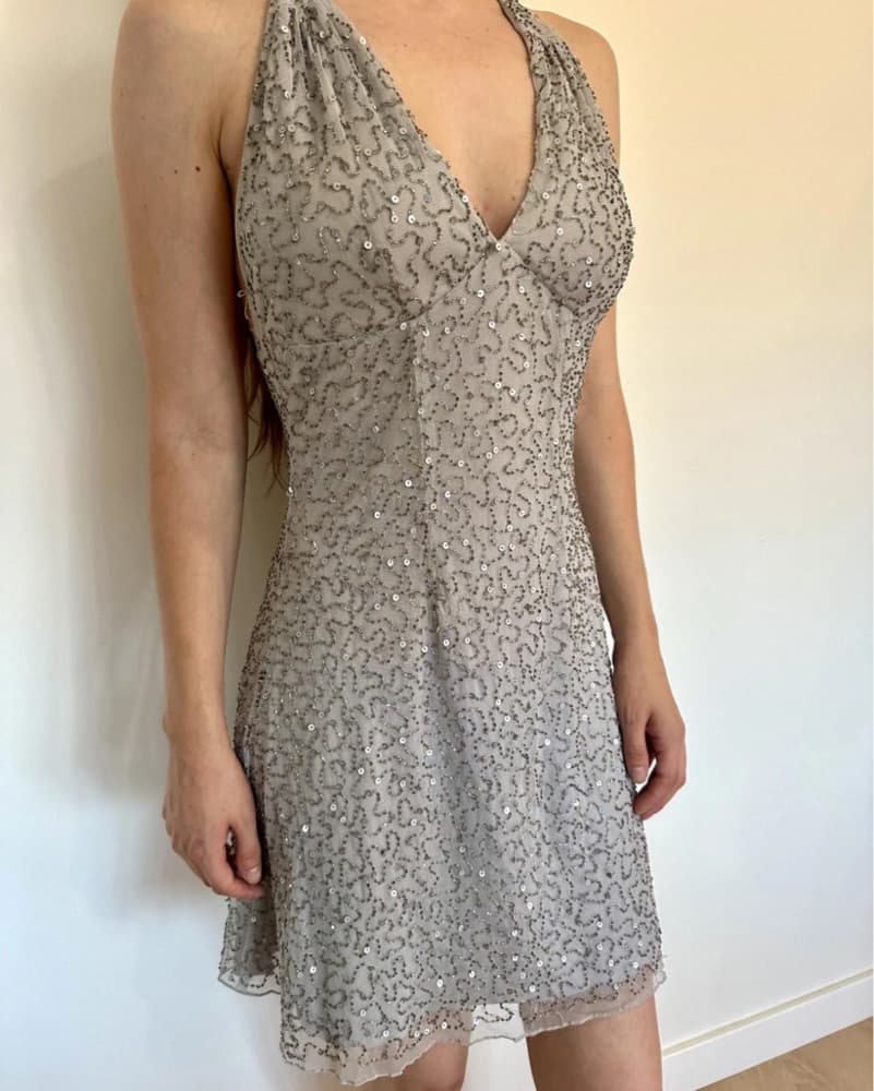 Silver Beaded Halter Y2K Party Dress - Image 4