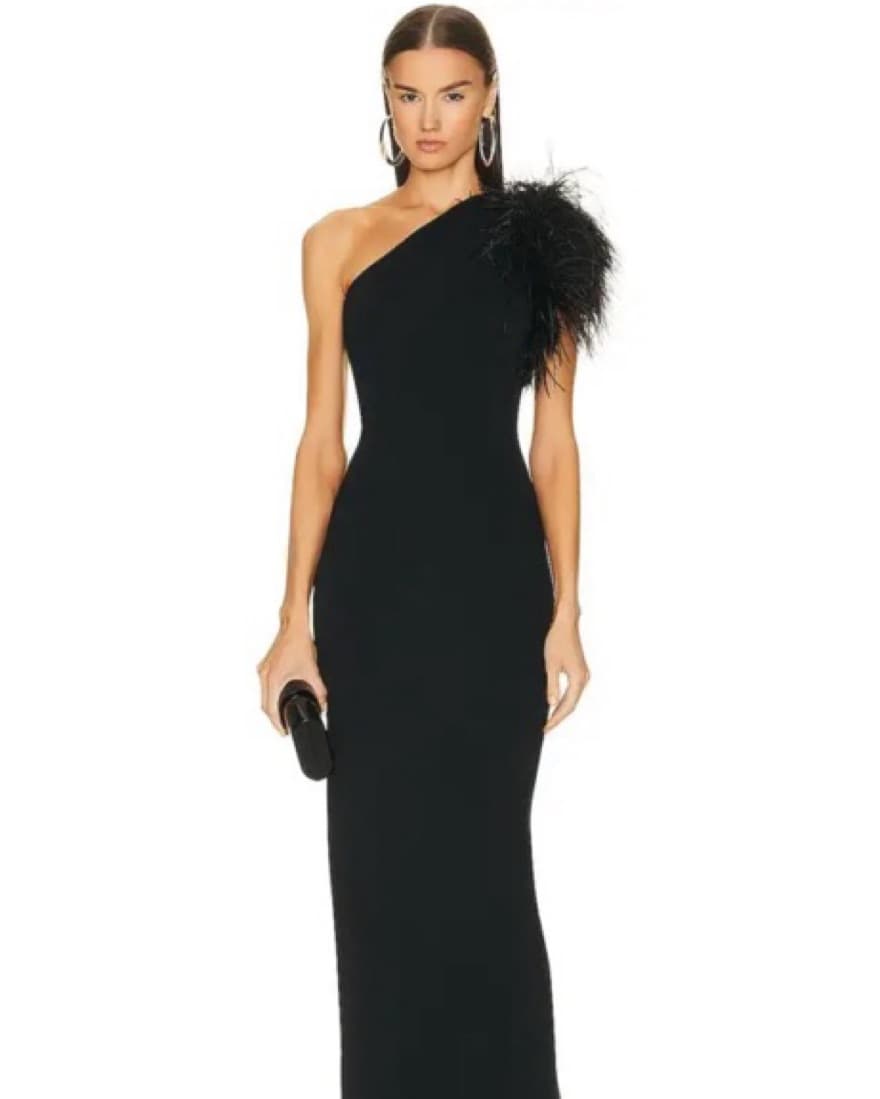 Black Gown One Shoulder Feather - Image 1
