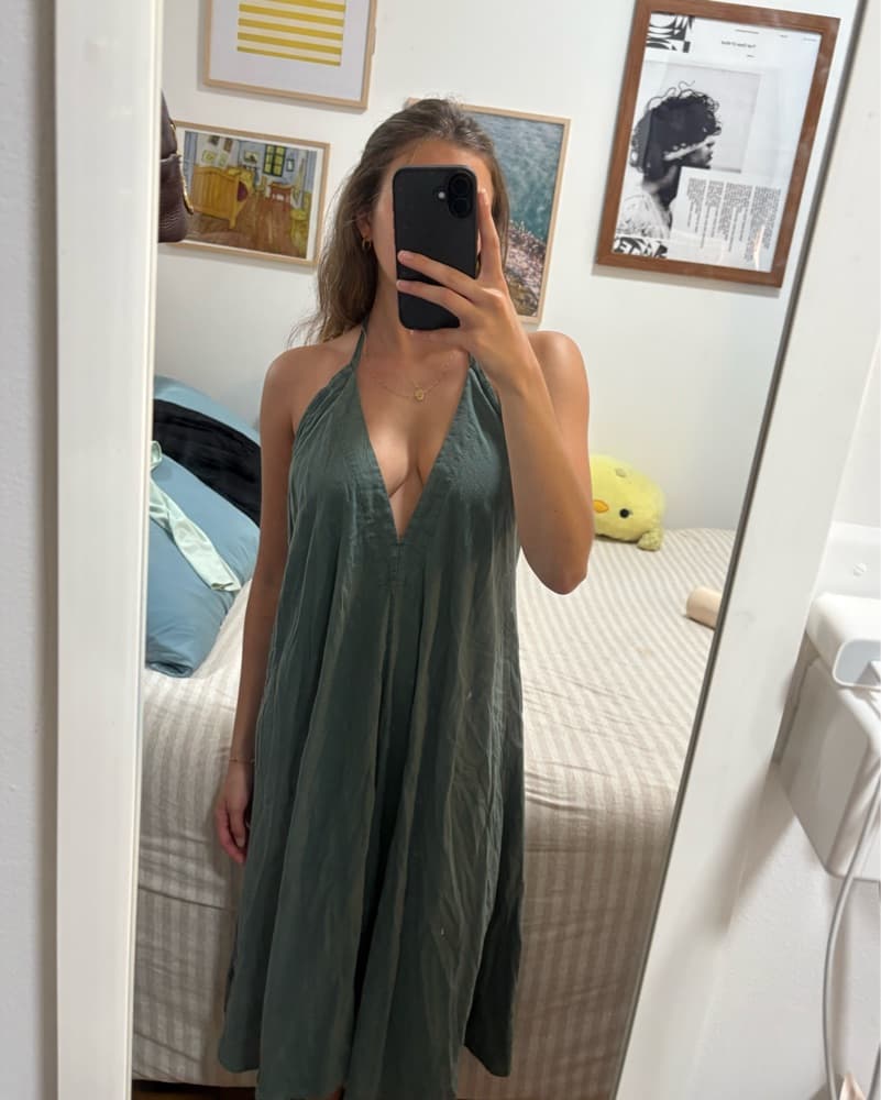 Olive Green Halter Linen Dress - Image 1
