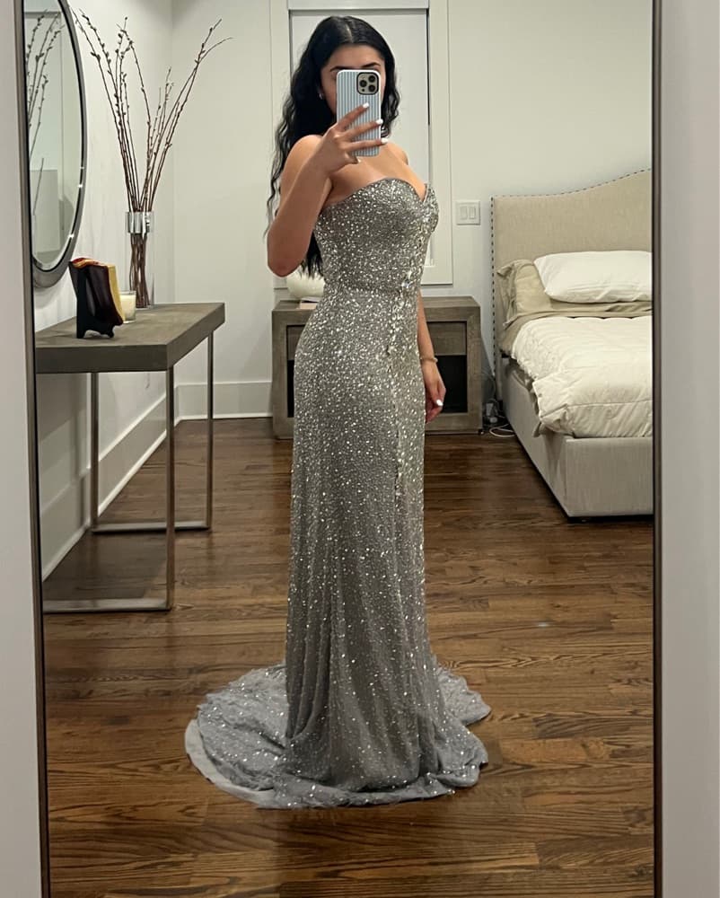 Sherri Hill Silver Sequin Dress  - Image 2
