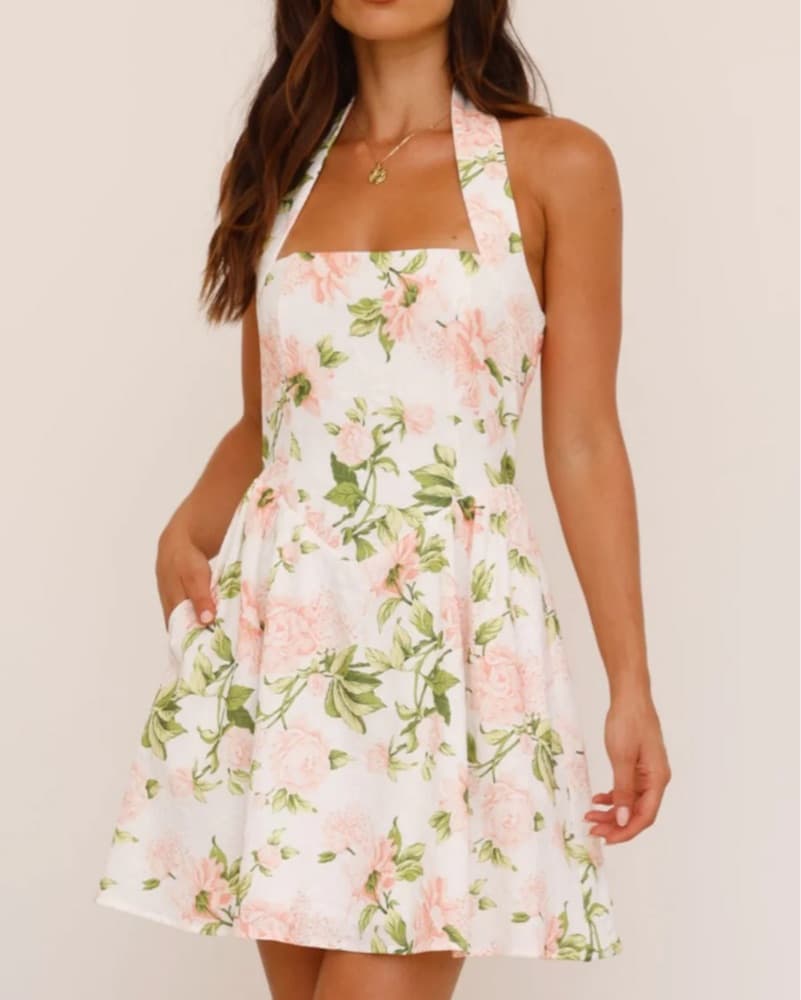 Pink Floral Halter Dress - Image 1