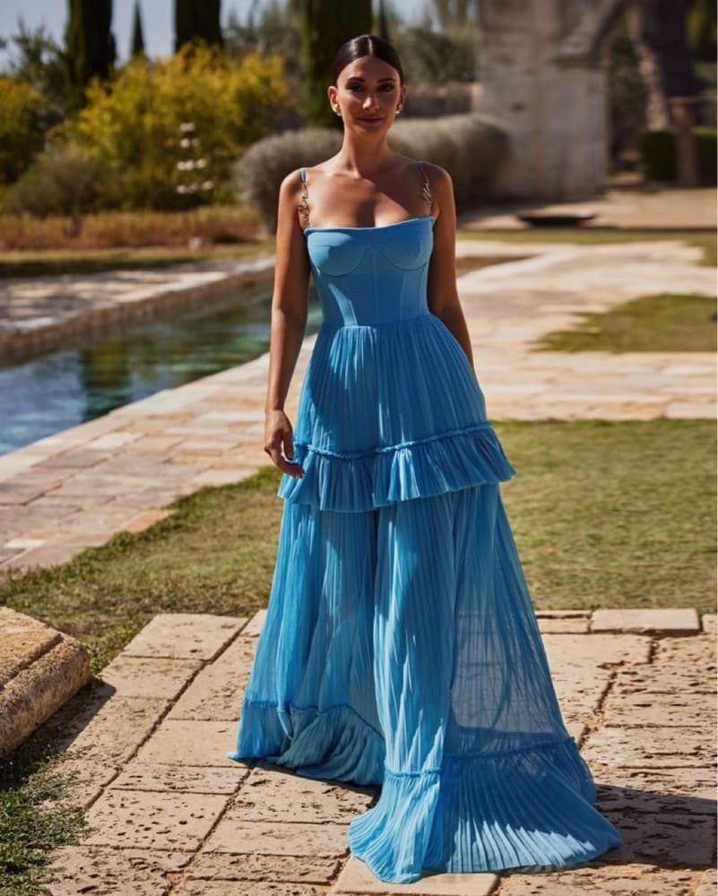 Milla Blue Spaghetti Strap Pleated Gown - Image 1