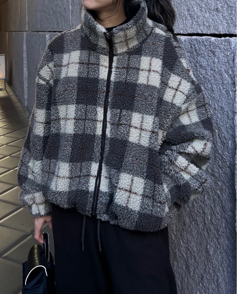 Brown Checkered Fleece Jacket - Image 2