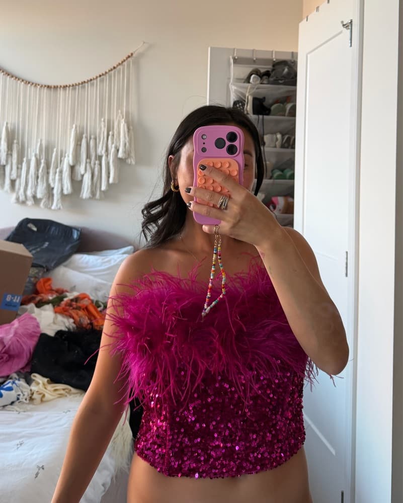 Line & Dot Sequin Feather Strapless Top - Image 1