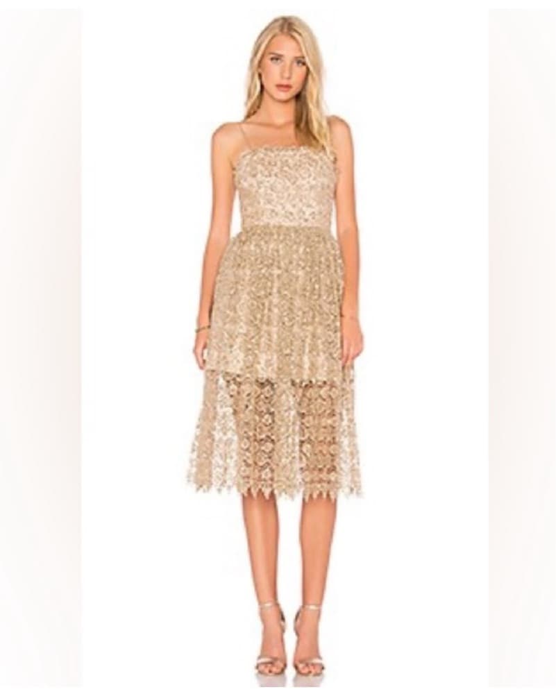 Alice + Olivia Midi Alma Sequin Gold Lace Dress - Image 2