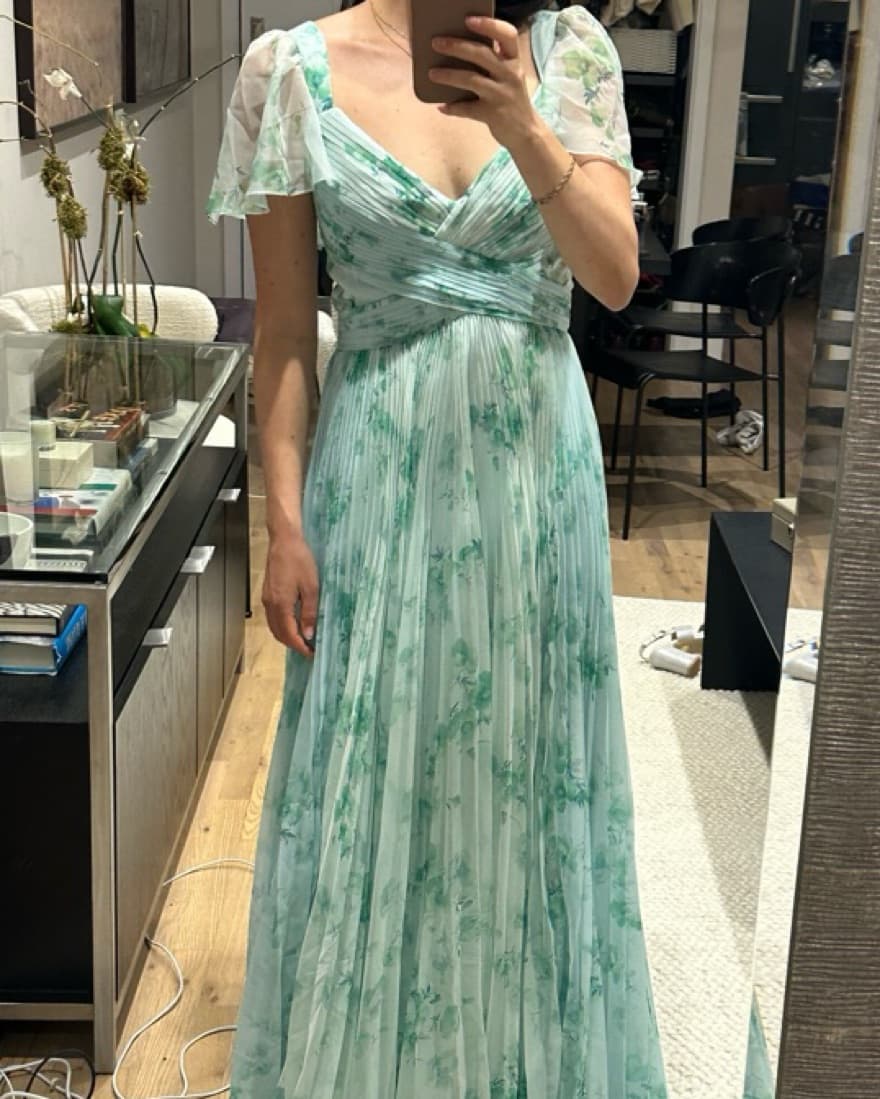 Theia Alani Pleated Flutter-Sleeve Gown - Image 1