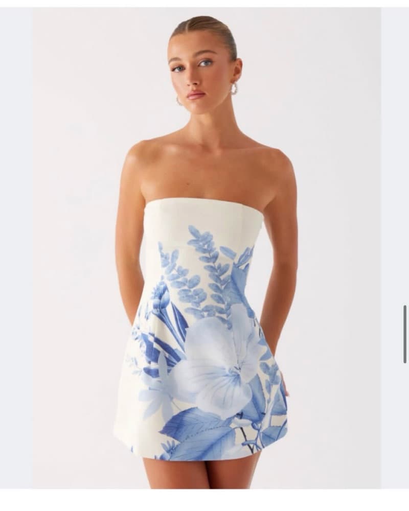 Blue Floral Strapless Mini Dress - Image 1