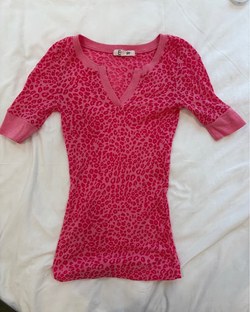 Energie Pink Cheetah Print Henley Top - Image 1