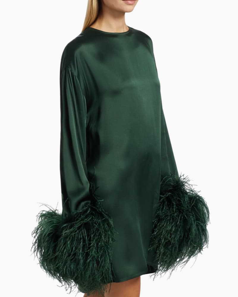 Feather Trimmed Satin Shift Mini Dress - Image 3