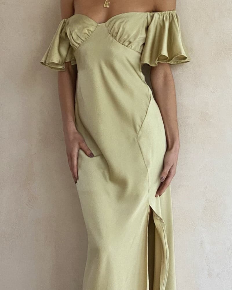 Louisa Pale Olive Off-Shoulder Midi Dress - Image 1