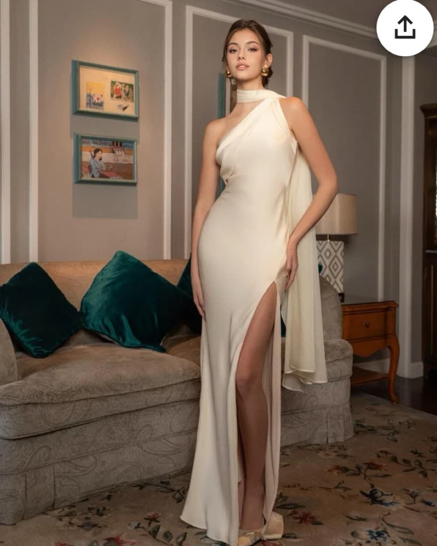 Silk Asymmetrical Shoulder Maxi Dress - Image 1