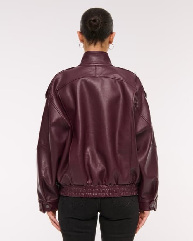 A&F Viral Burgundy Leather Bomber Jacket - Image 2