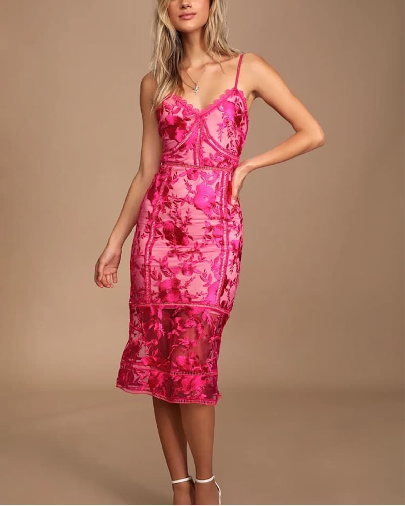 Deeply Cherished Hot Pink Lace Midi Dres - Image 1