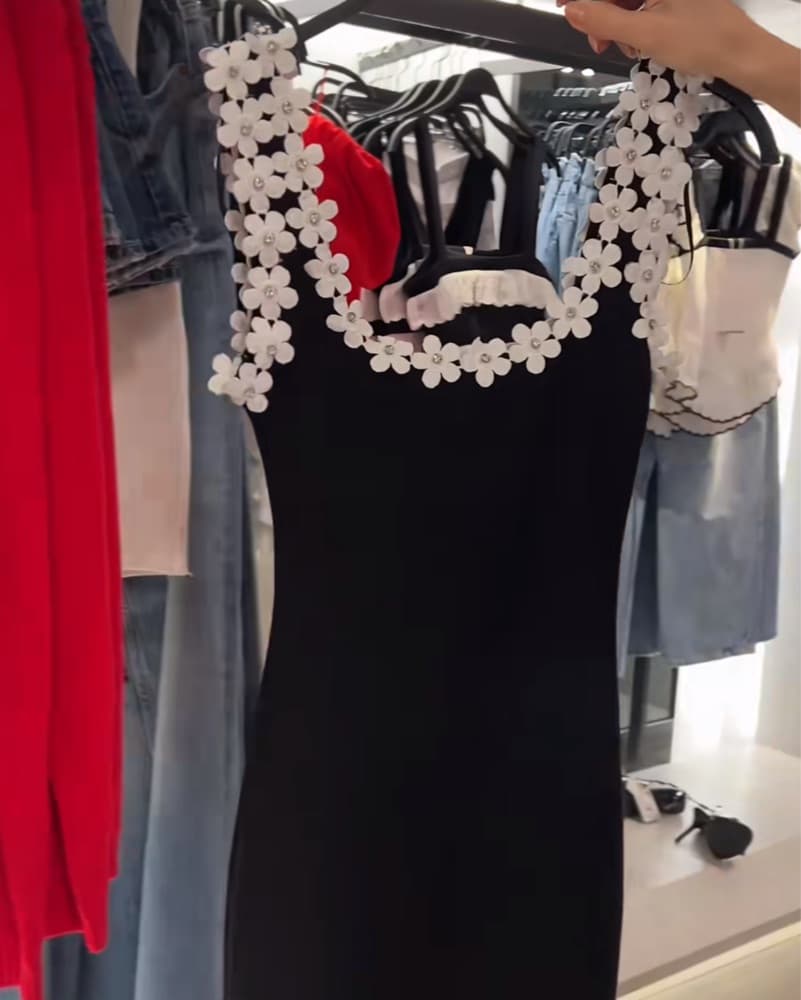 Zara Short Black Dress With Flower Trim - Image 4