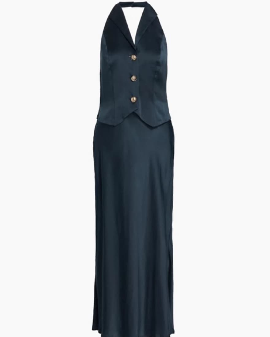 Rixo Estella Navy Satin Midi-Dress - Image 6