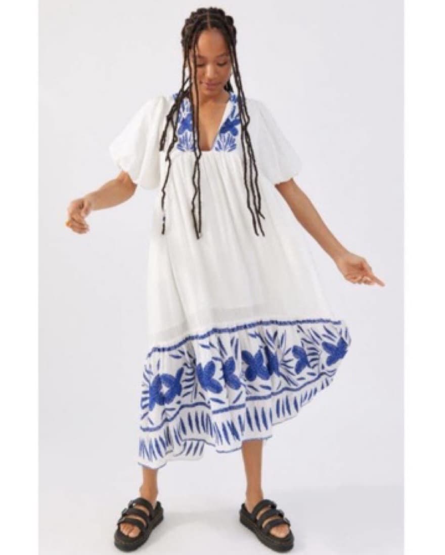 Embroidered Blue and White Midi Dress - Image 1