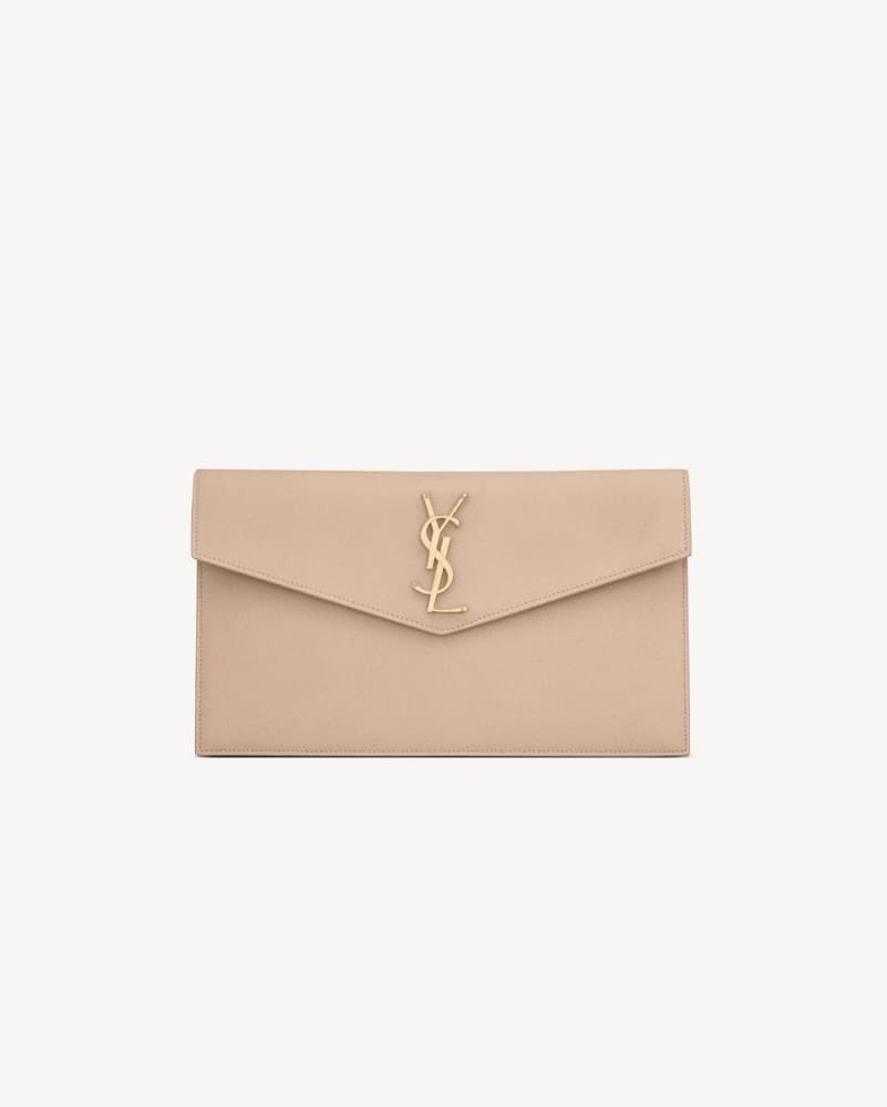 YSL Uptown Leather Clutch In Beige - Image 1