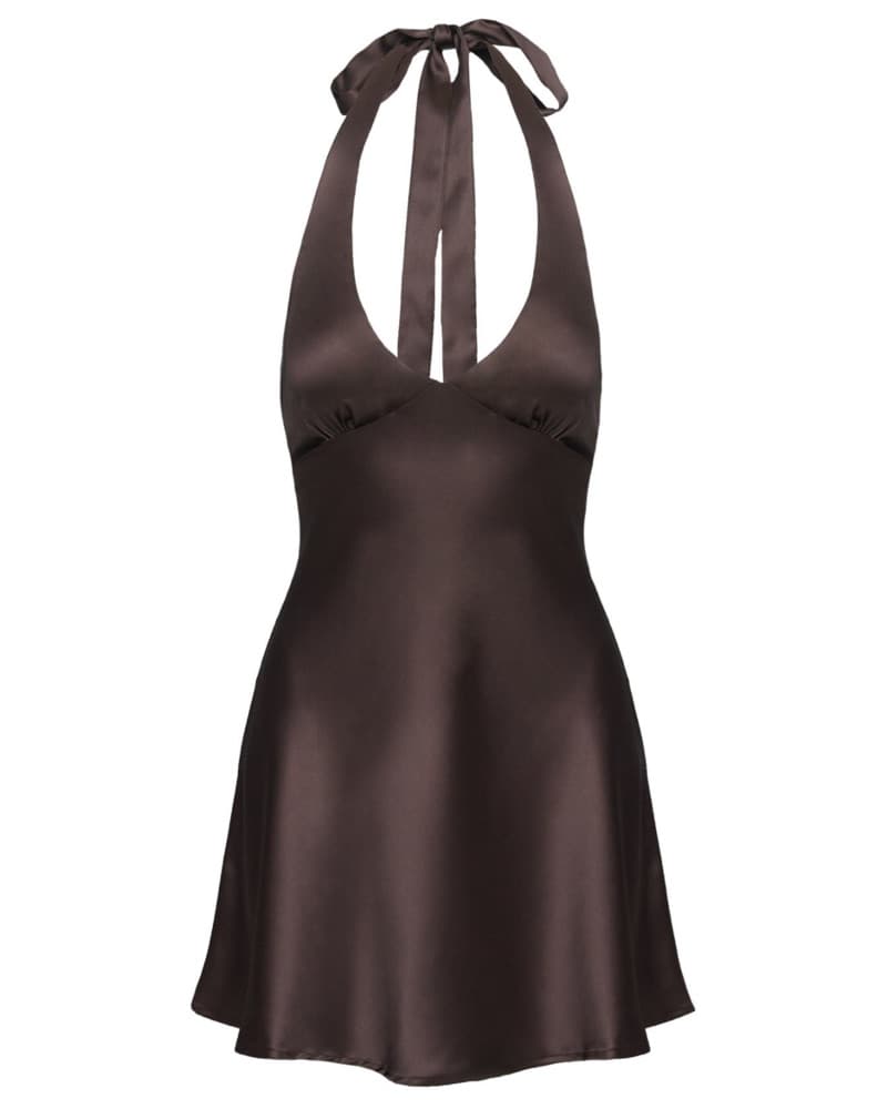 Brown Satin Halter Mini Dress - Image 3