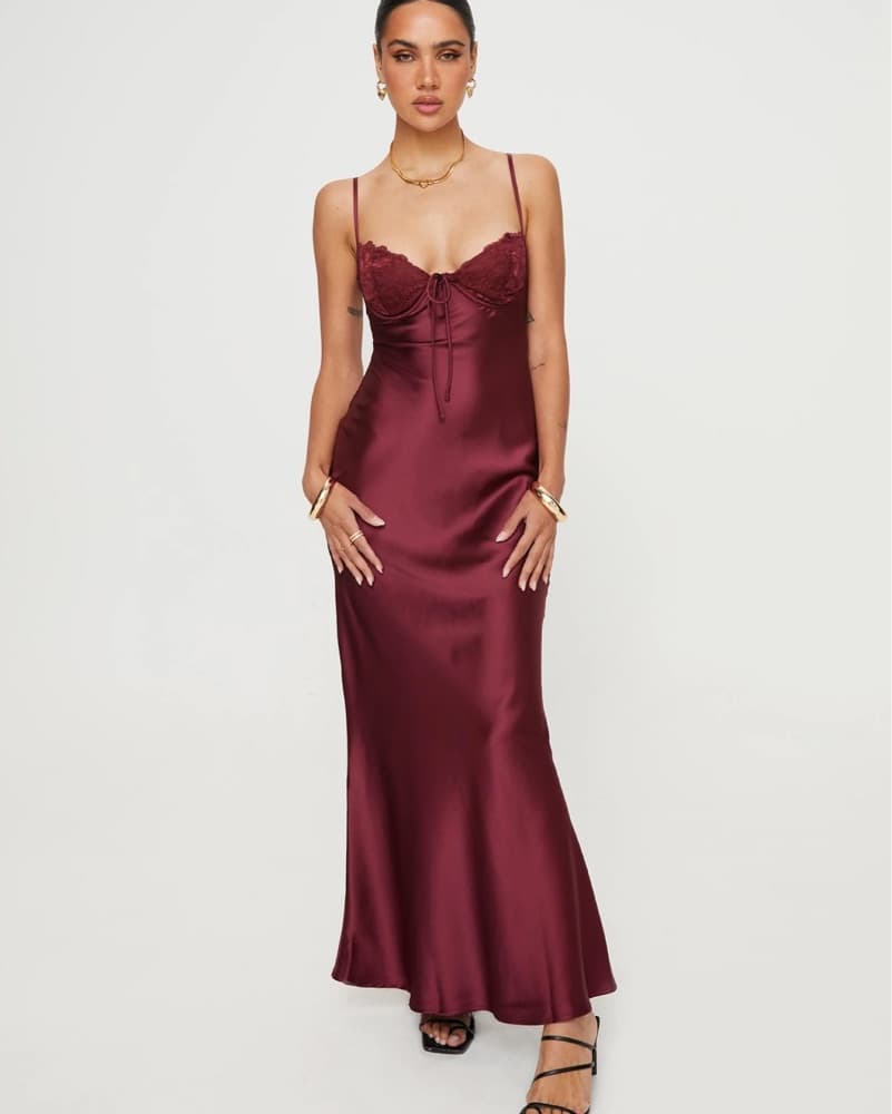 Maroon Satin Formal Dress - Image 2