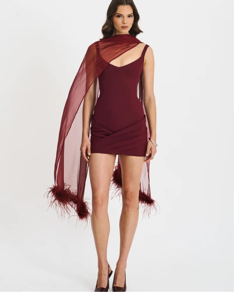 Wine Red Pleated Mini Dress With Scarf - Image 2