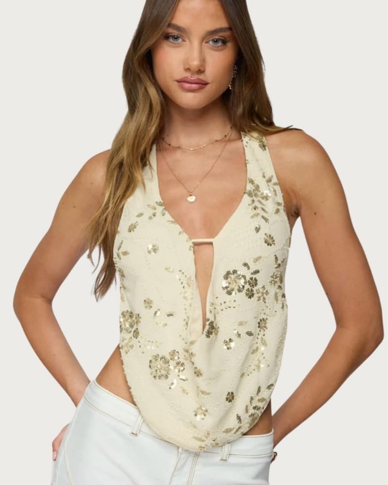 Edikted Beaded Backless Cowl Neck Top - Image 2