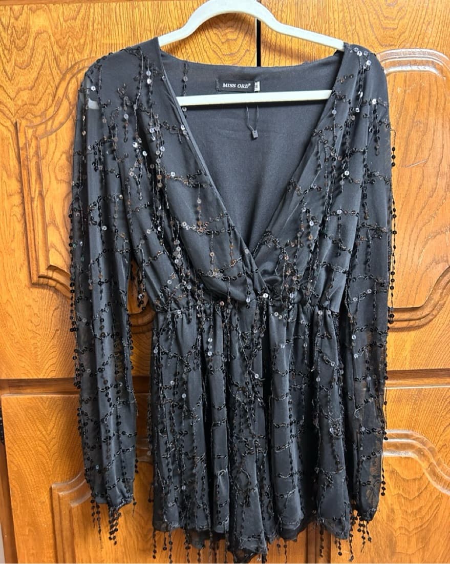 Black Shaggy Sequin Romper  - Image 1