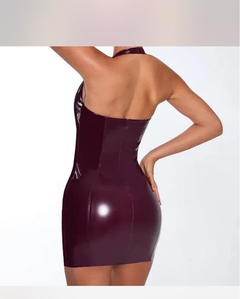 Sleek Burgundy Latex Mini Dress - Image 2