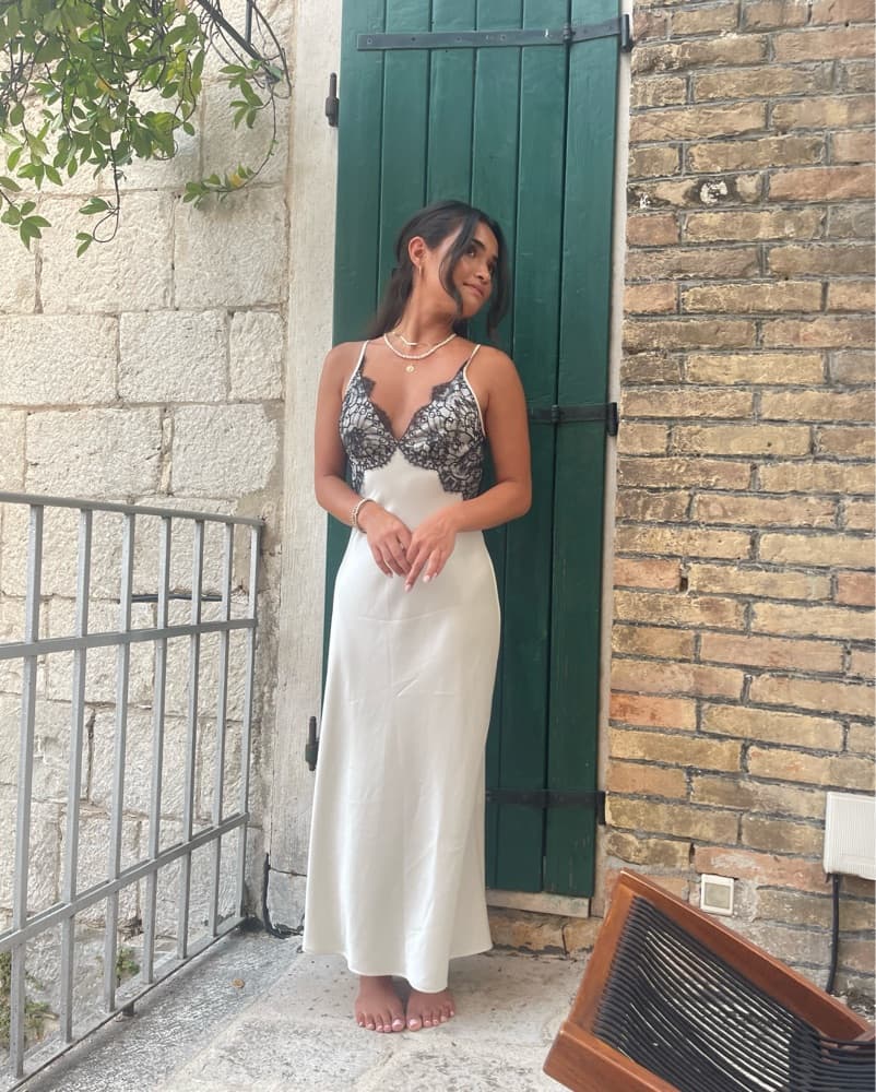 White Midi Silk Dress With Black Lace - Image 2