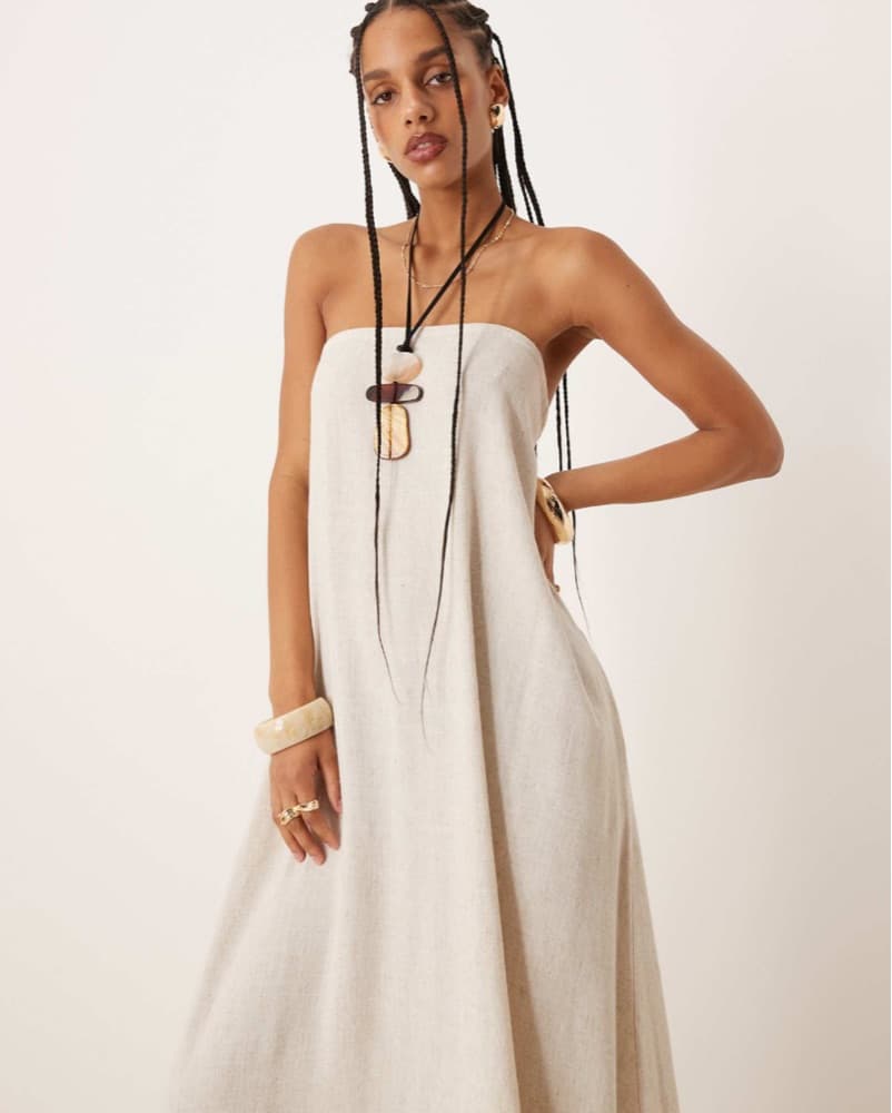 Linen Strapless Beige Maxi Dress - Image 2
