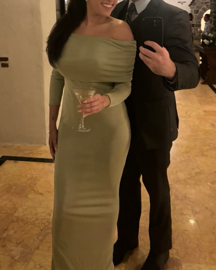 Sage Green Bardot Long Sleeve Maxi Dres - Image 2