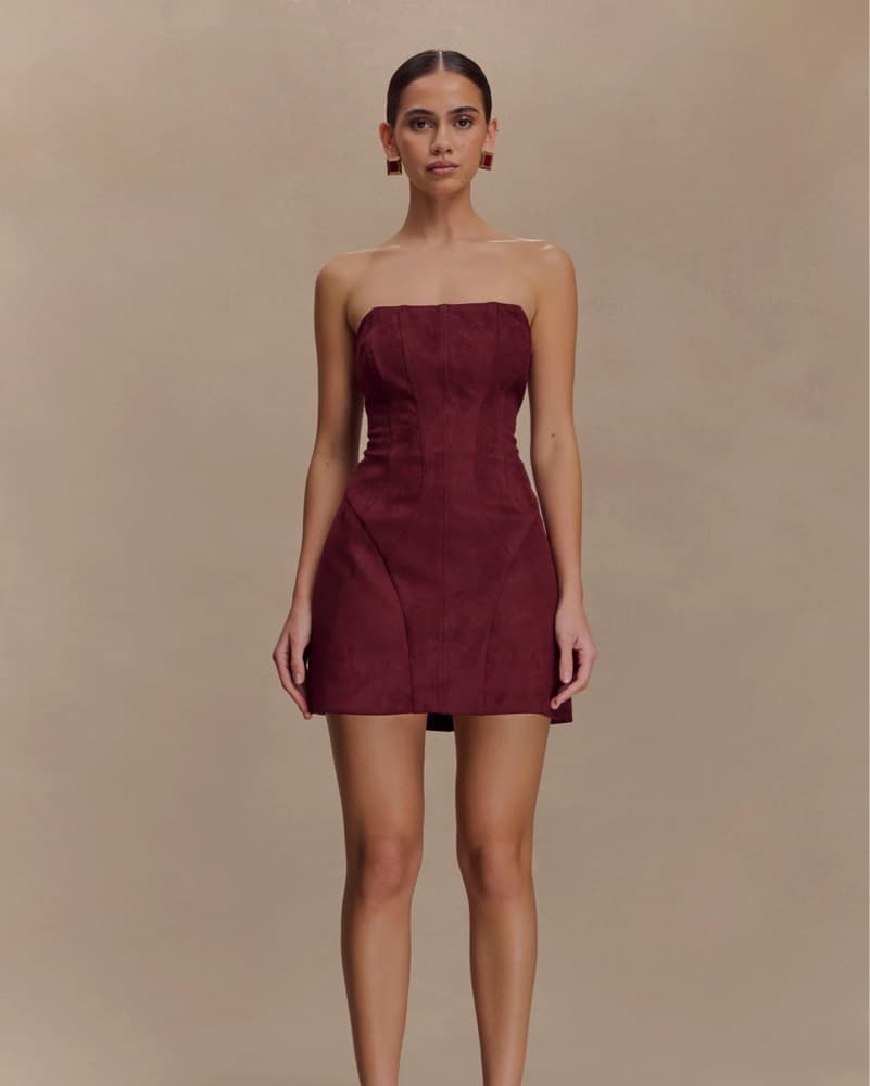 Burgundy Strapless Suede Mini Dress - Image 1