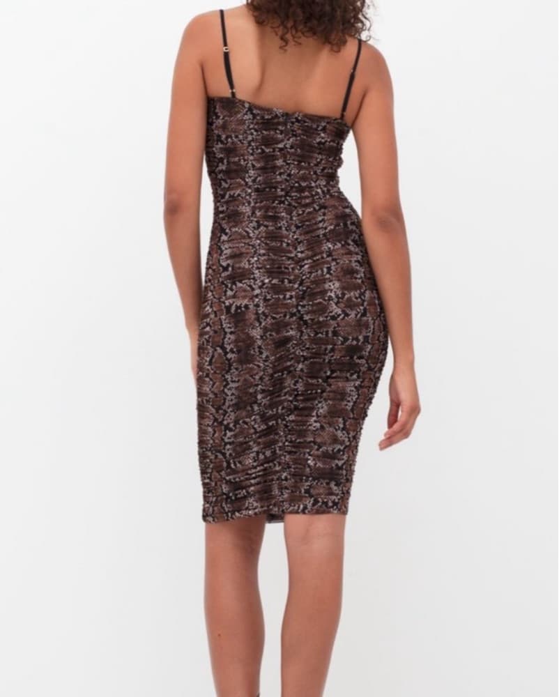 Brown Snakeskin Ruched Bodycon Dress - Image 2