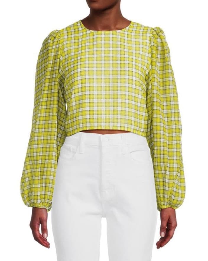 GANNI Checked Long Sleeve Crop Top - Image 1