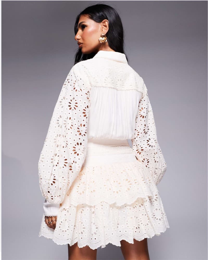 Eyelet Peplum Mini Shirt Dress In Cream - Image 3