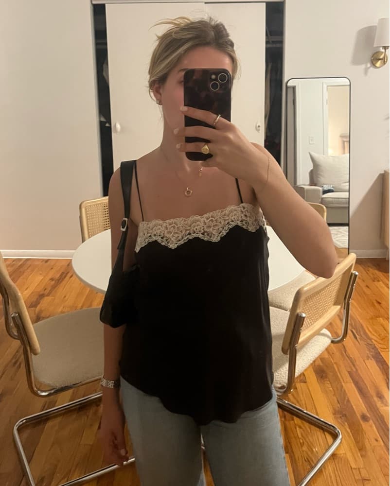 Zara Black Satin Lace Trim Top - Image 1