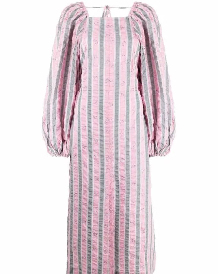 Ganni Striped Puff Sleeve Midi Dress - Image 1