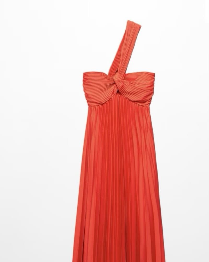 Red Pleated Maxi Dress One Shoulder - Image 1