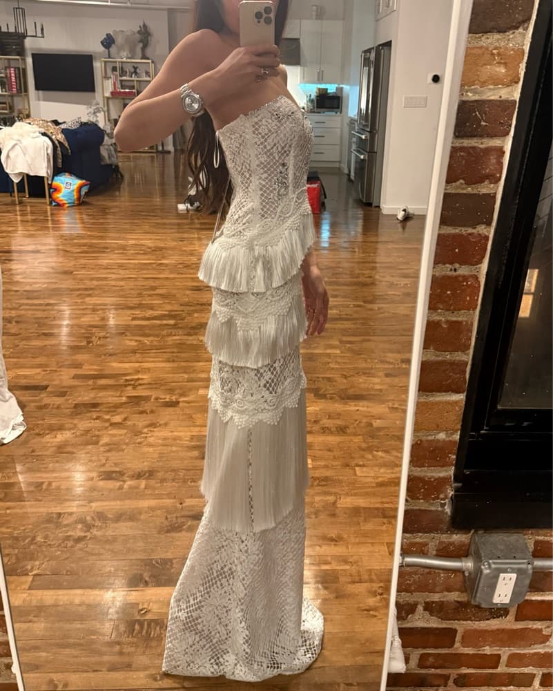 Patbo Beaded White Lace Fringe Gown XS - Image 5