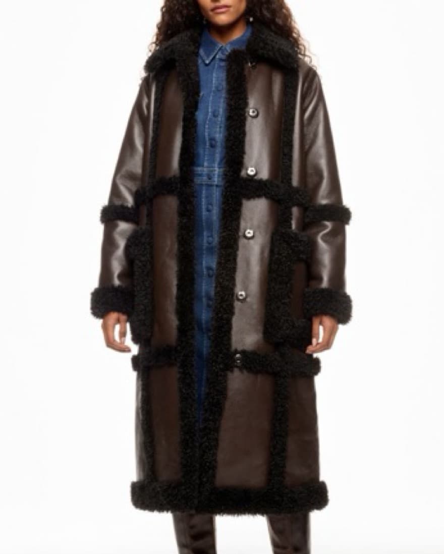 Brown Black Shearling Leather Long Coat  - Image 2