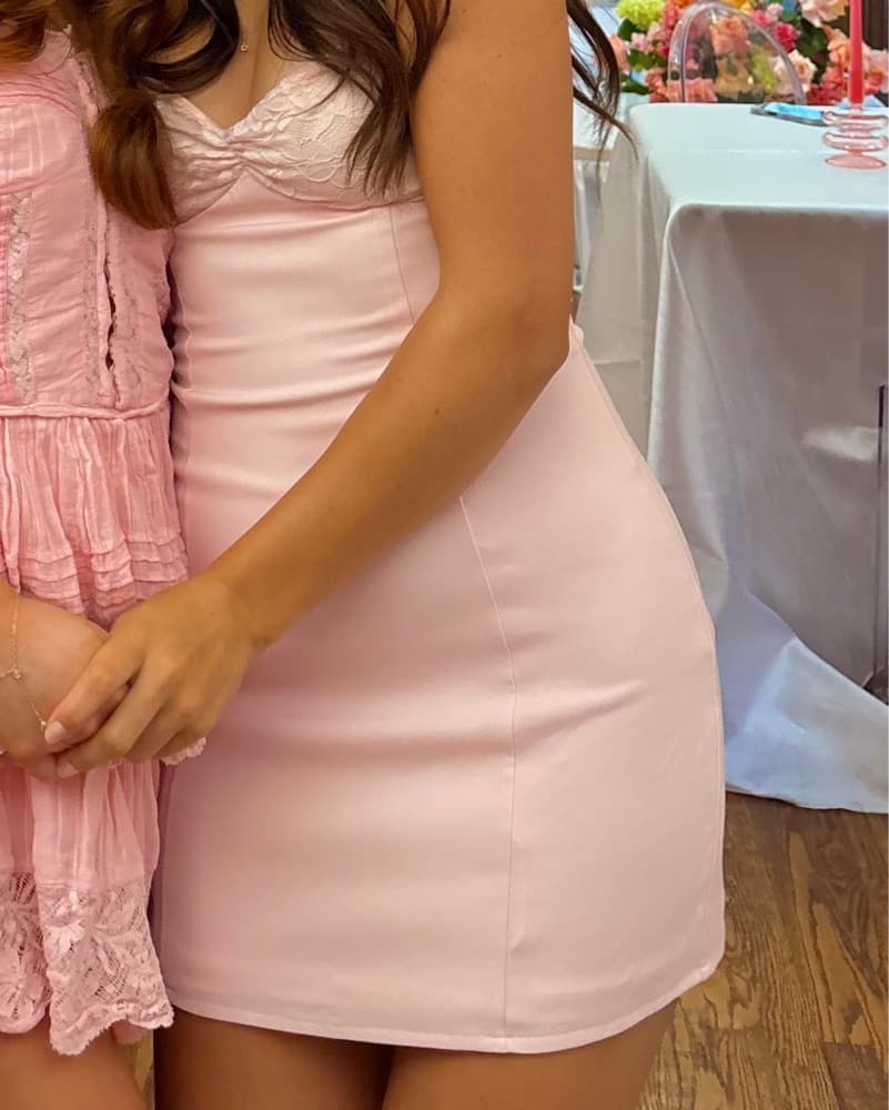 Light Pink Mini Lace Dress w/ Bow  - Image 2