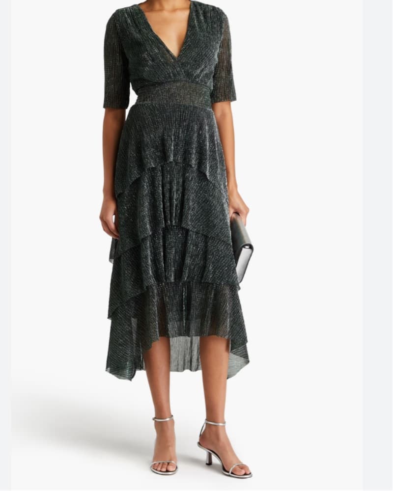 Maje Shimmering Green Ruffled Midi Dress - Image 1